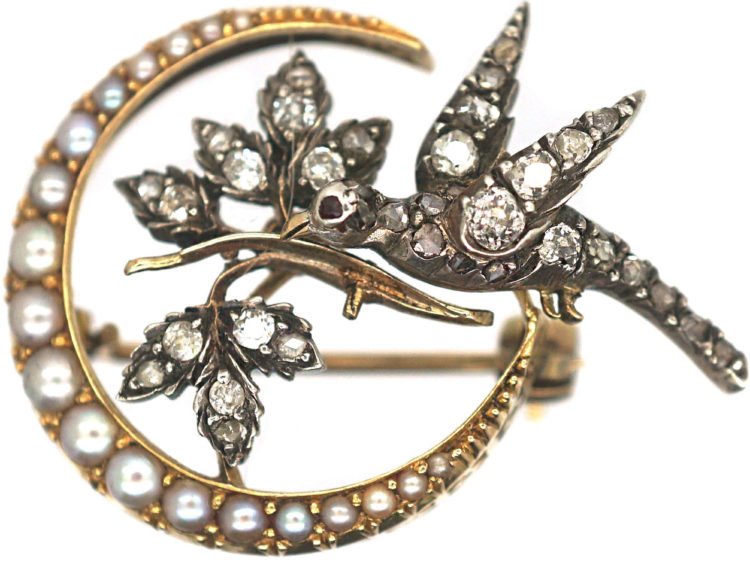 Edwardian Crescent & Dove Brooch set with Natural Split Pearls & Diamonds