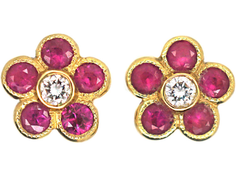 18ct Gold, Ruby & Diamond Small Cluster Earrings