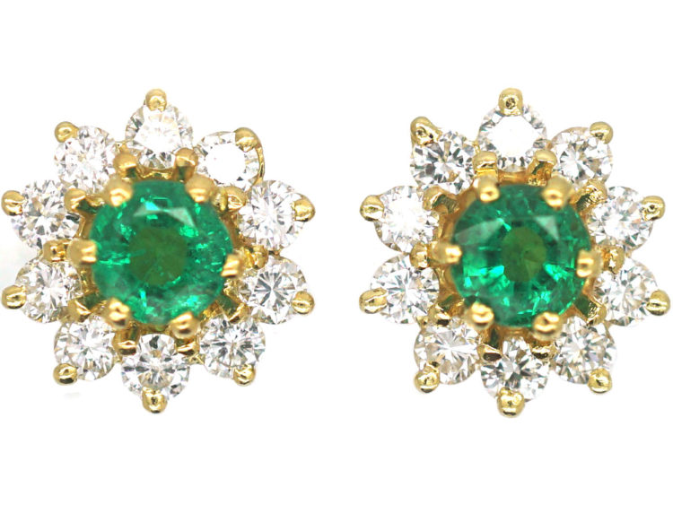 18ct Gold, Emerald & Diamond Cluster Earrings