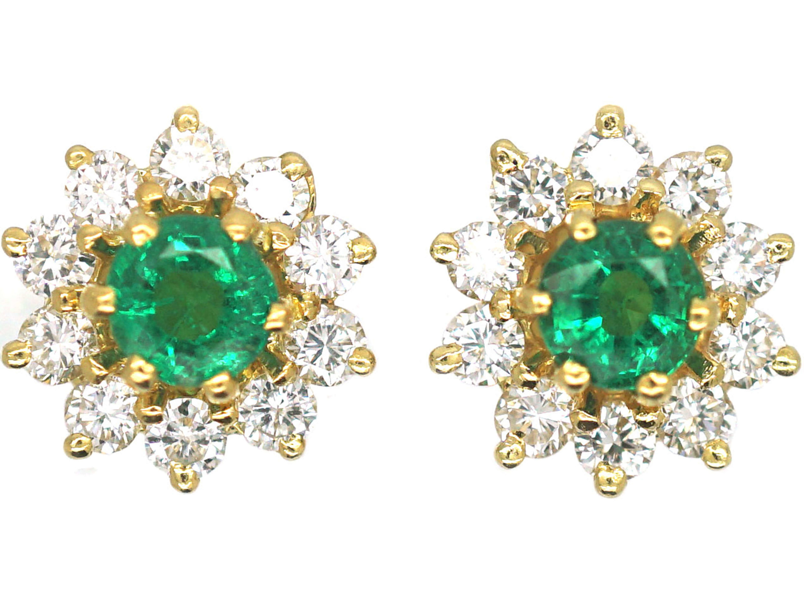 18ct Gold, Emerald & Diamond Cluster Earrings (651P) | The Antique ...