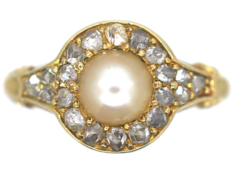 Edwardian 18ct Gold, Natural Pearl & Rose Diamond Cluster Ring