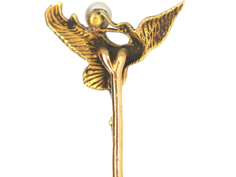 Art Nouveau 18ct Gold Tie Pin of a Stork with a Pearl in its Beak