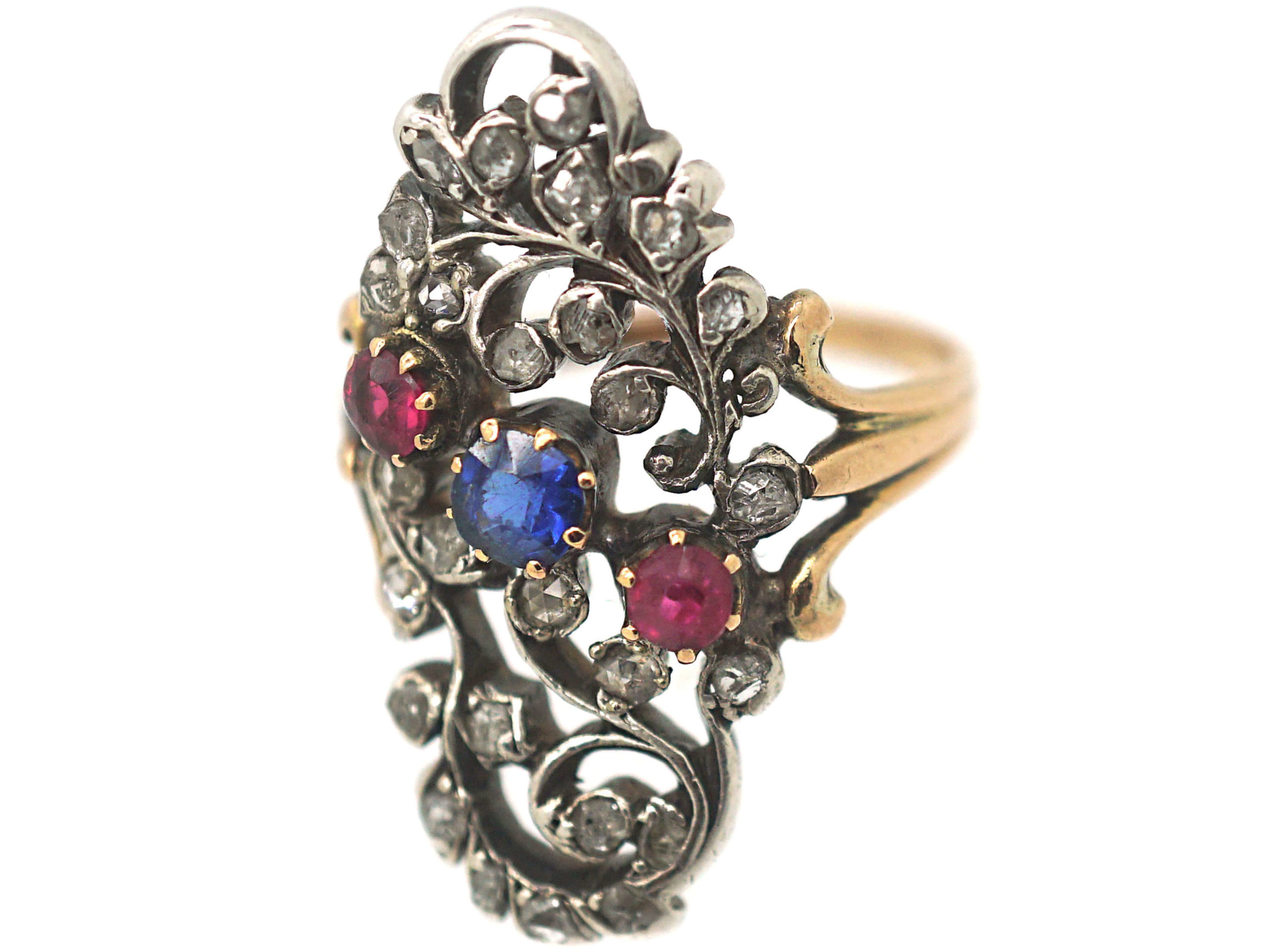 Art Nouveau Austrian 14ct Gold, Ruby Sapphire & Rose Diamond Floral ...