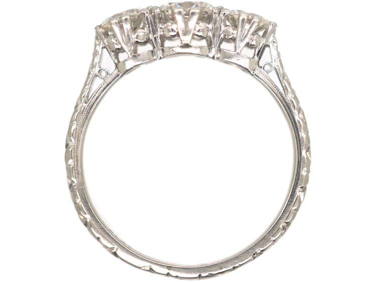 Art Deco Platinum, Three Stone Diamond Ring with Engraved Floral Shank