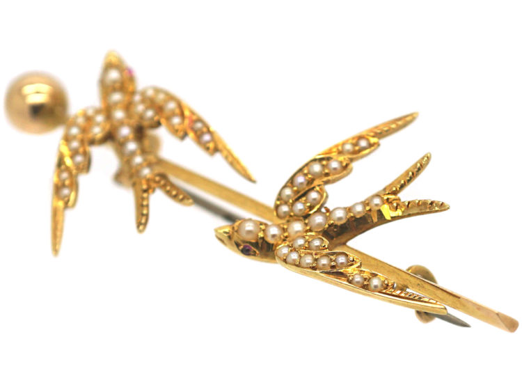 Edwardian 15ct Gold Two Swallows Brooch