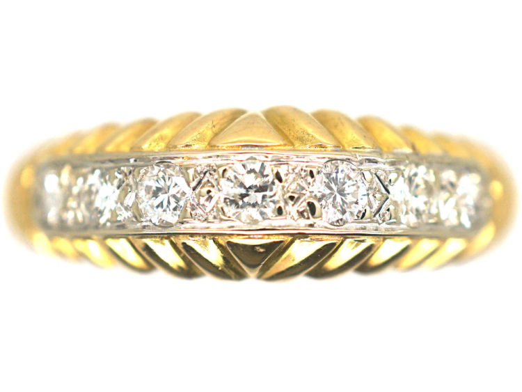 French 18ct Gold Diamond Ring with Line Pattern
