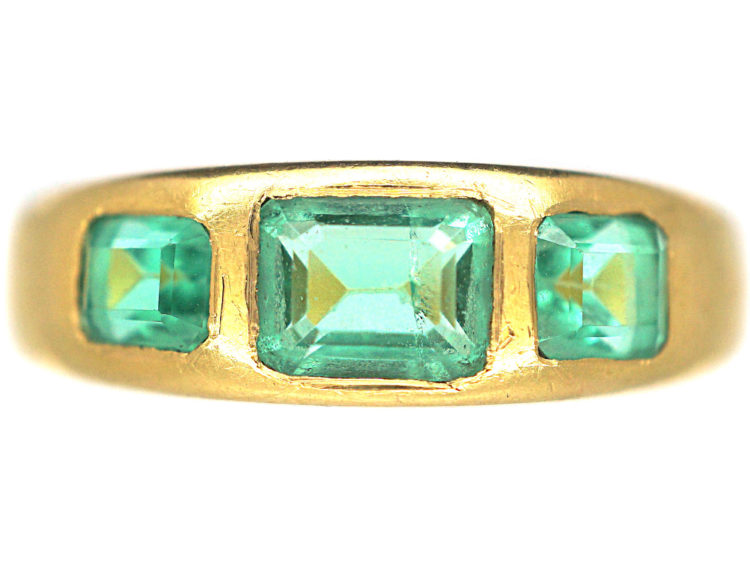 Victorian 18ct Gold, Three Stone Emerald Rub Over Set Ring
