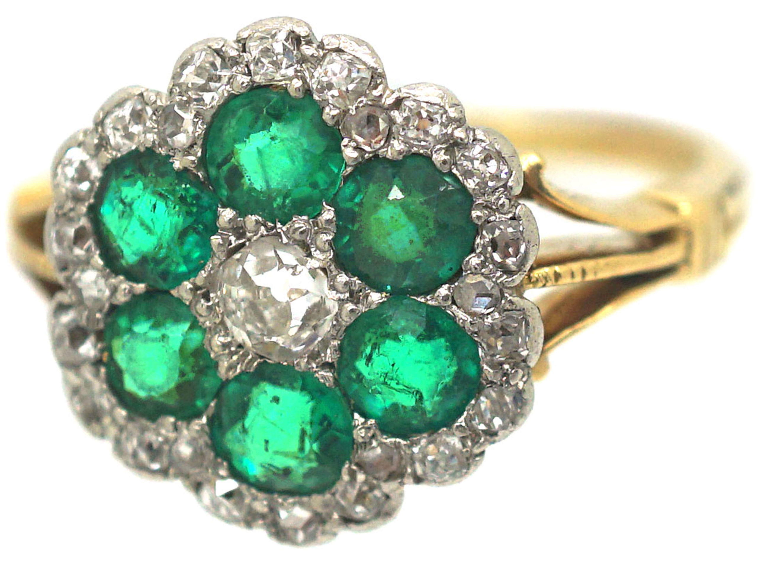 Edwardian 18ct Gold Emerald And Diamond Flower Cluster Ring 548p The Antique Jewellery Company 9048