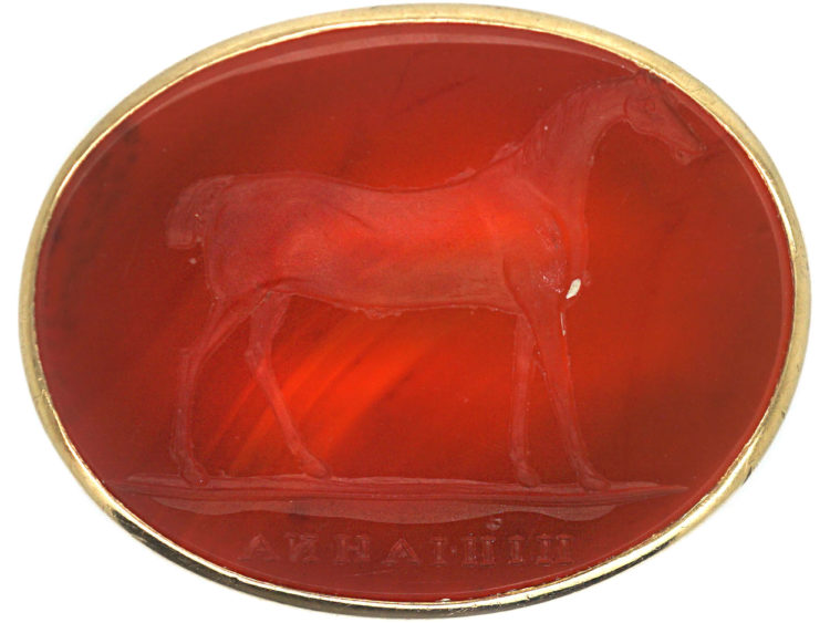 Georgian 18ct Gold & Carnelian Ring with Intaglio of Racehorse