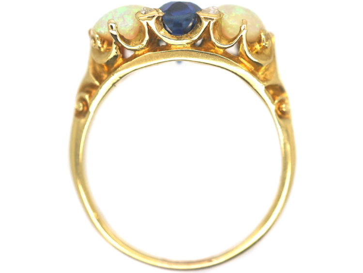 Victorian 18ct Gold Sapphire & Opal Three Stone Carved Half Hoop Ring with Rose Diamond Points