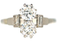 Art Deco Two Stone Diamond Ring with Baguette Diamond Shoulders