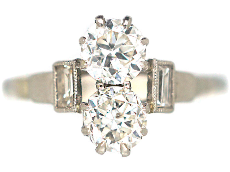 Art Deco Two Stone Diamond Ring with Baguette Diamond Shoulders