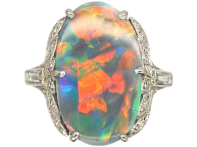 Art Deco 18ct White Gold, Black Opal & Diamond Ring