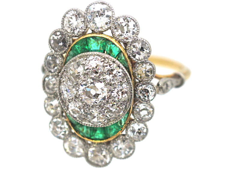 French Art Deco 18ct Gold & Platinum, Emerald & Diamond Ring with Central Diamond Cluster