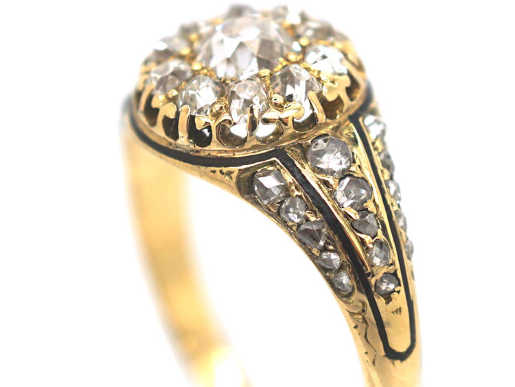 Victorian 18ct Gold & Diamond Cluster Ring with Black Enamel