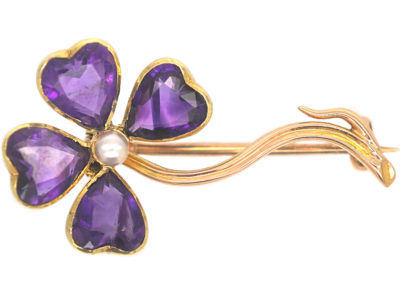 Edwardian 15ct Gold Amethyst & Natural Pearl Four Leaf Clover Brooch