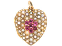 Edwardian 15ct Gold Heart Shaped Locket set with Rubies & Natural Split Pearls