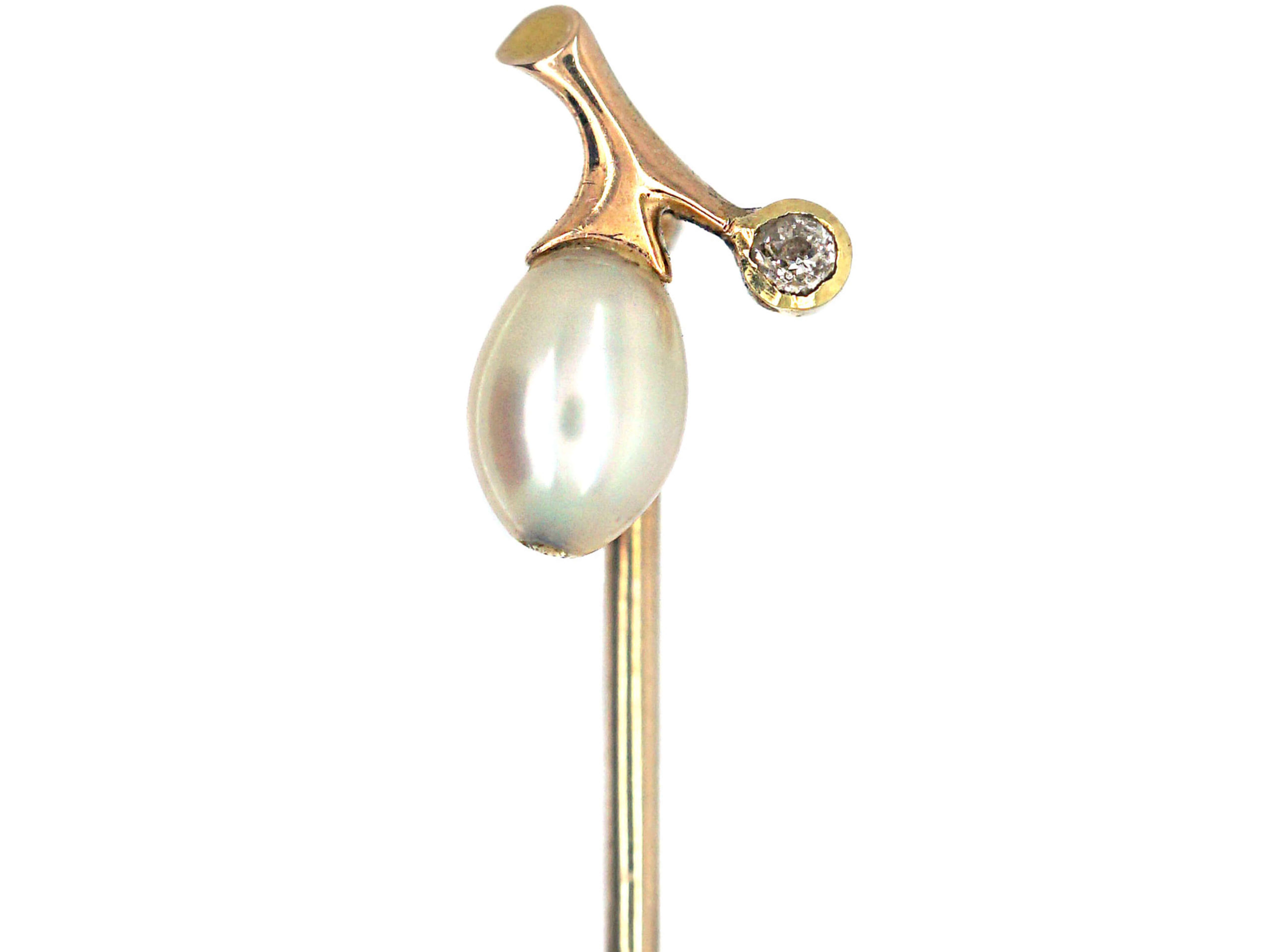 Edwardian Gold, Natural Pearl & Diamond Sprig Tie Pin (825P) The