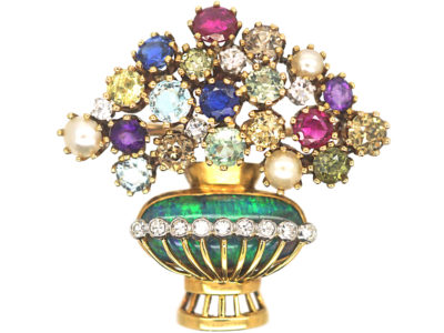 Retro 18ct Gold, Black Opal, Sapphire, Diamond, Ruby & Pearl Giardinetti Brooch