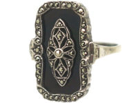 Art Deco Silver, Marcasite & Onyx Rectangular Ring