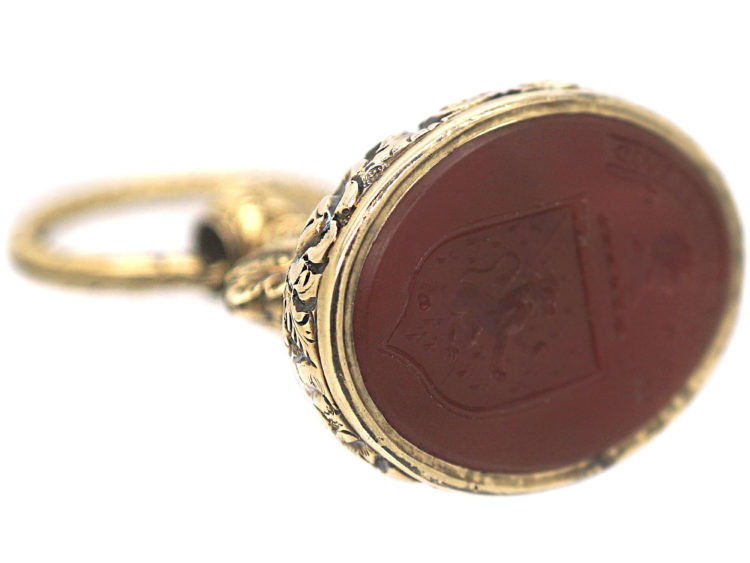 Large Georgian 18ct Gold Cased Seal with Carnelian Intaglio Of a Crest on Original Split Ring