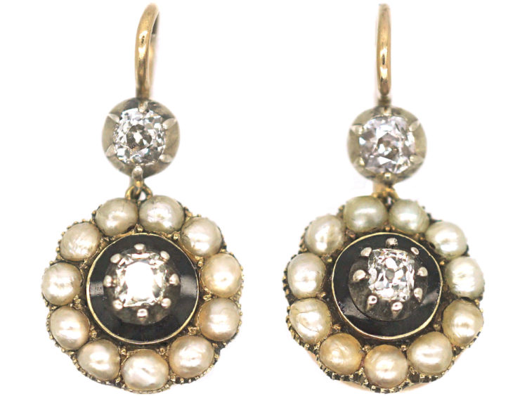 Georgian 9ct Gold, Old Mine Cut Diamond & Natural Split Pearl Cluster Drop Earrings