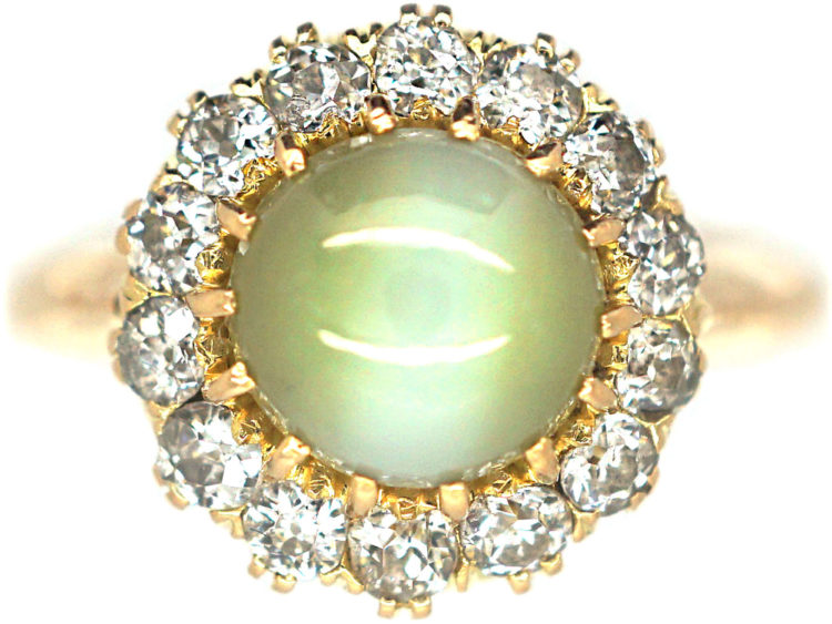 Edwardian 18ct Gold, Cat's Eye Chrysoberyl & Diamond Cluster Ring