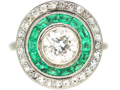 Art Deco Platinum, Emerald & Diamond Target Ring