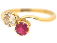 Edwardian 18ct Gold, Pink Sapphire & Diamond Crossover Ring