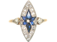Edwardian 18ct Gold & Platinum, Marquise Shaped Sapphire & Diamond Ring