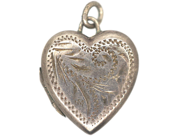 Silver Heart Shaped Locket with Engraved leaf Motif