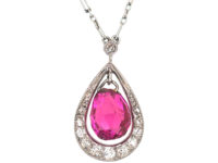 Art Deco Platinum, Pink Sapphire & Diamond Pendant on a Platinum Chain