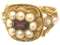 Georgian 18ct Gold Garnet & Natural Split Pearls Ring