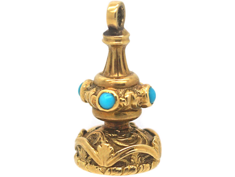 Regency 18ct Gold & Turquoise Seal with Chalcedony Base