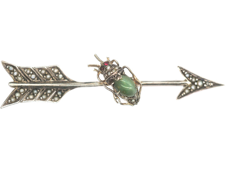 Victorian Silver & Natural Split Pearl Arrow Brooch with Cat's Eye Chrysoberyl Bug