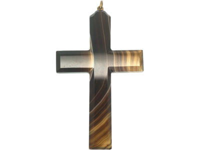 Large Victorian Scottish Carved Banded Agate Stone Cross Pendant