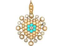 Edwardian 15ct Gold Turquoise, Diamond & Natural Split Pearl Heart Shaped Pendant
