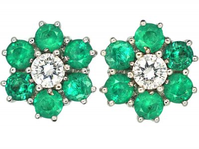 18ct White Gold, Emerald & Diamond Cluster Earrings