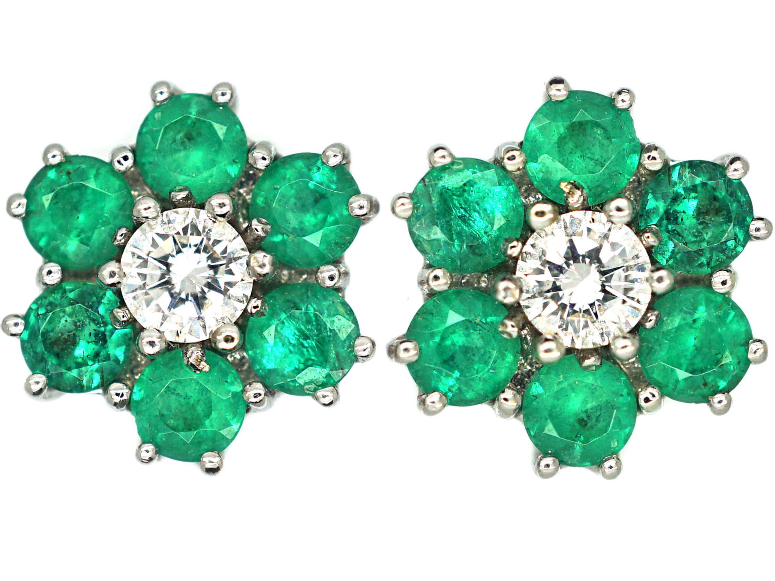 18ct White Gold, Emerald & Diamond Cluster Earrings 18ct White Gold, Emerald & Diamond Cluster Earrings