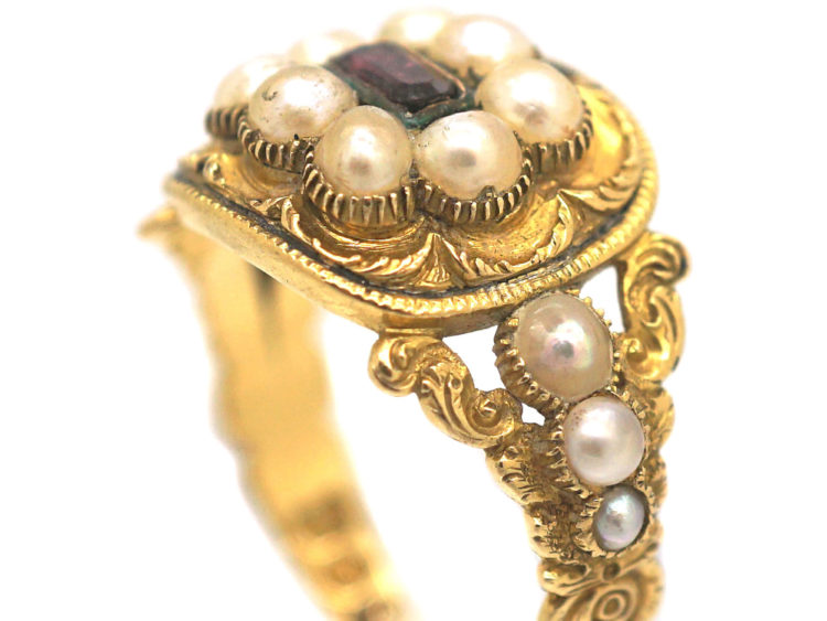 Georgian 18ct Gold Garnet & Natural Split Pearls Ring