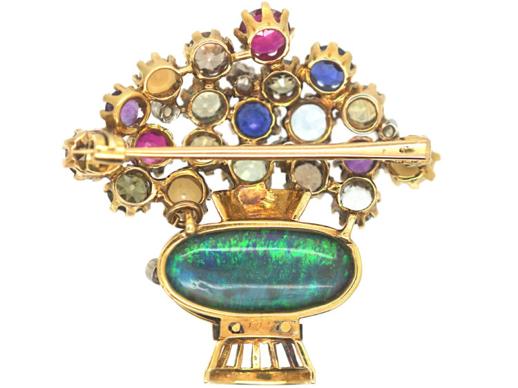 Retro 18ct Gold, Black Opal, Sapphire, Diamond, Ruby & Pearl Giardinetti Brooch
