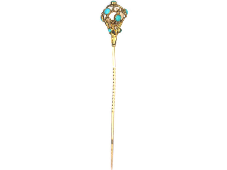 Regency 18ct Gold, White Coral & Turquoise Baroque Design Tie Pin