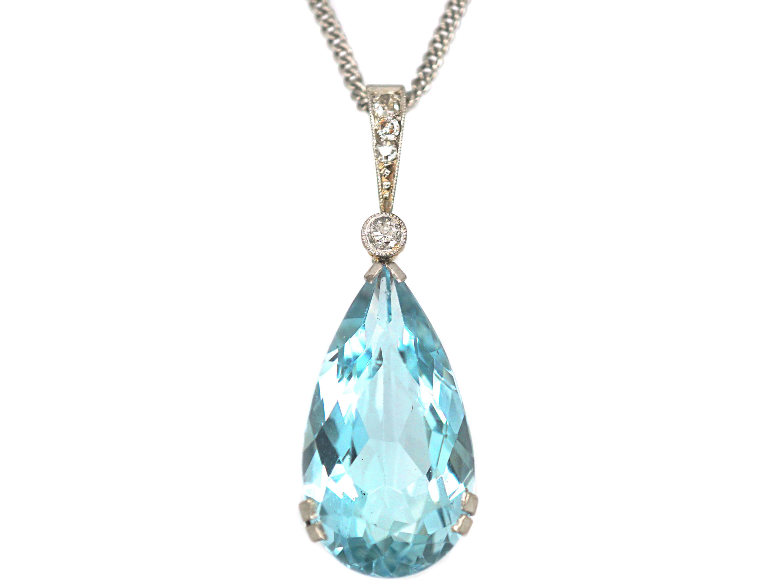 Art Deco 14ct White & Yellow Gold Aquamarine & Diamond Pendant on 8ct ...