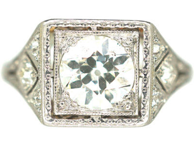 Art Deco 14ct White Gold & Platinum, Square Diamond Ring with Diamond Set Shoulders