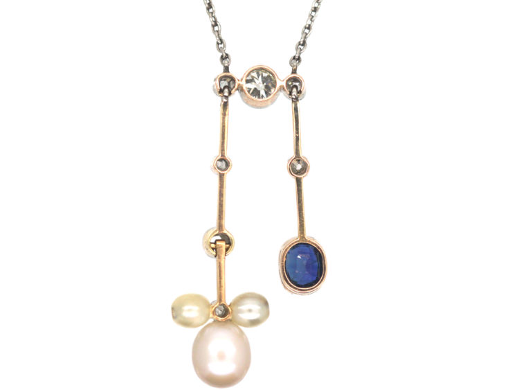 Art Deco 18ct Gold & Platinum, Sapphire, Diamond & Natural Pendant Negligee Pendant