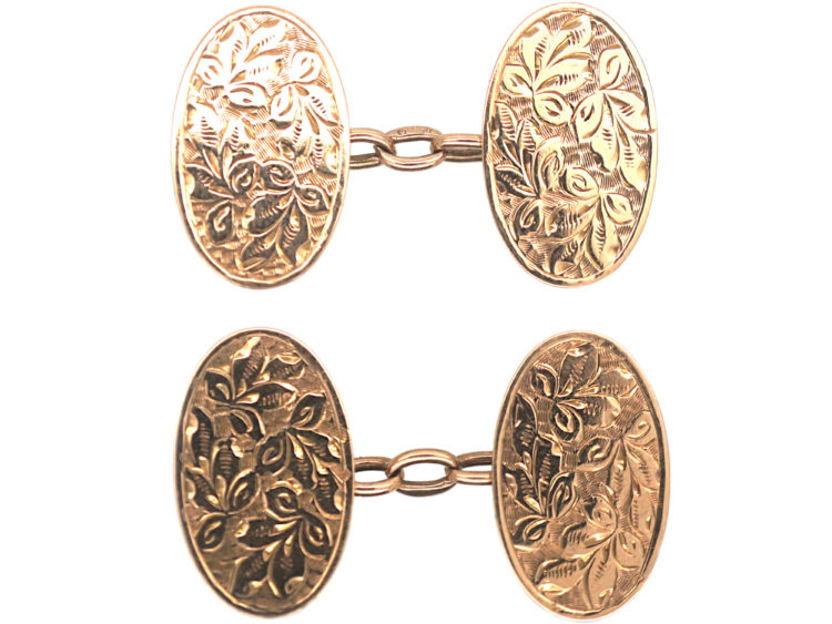 9ct Gold Cufflinks with Engraving of Leaves