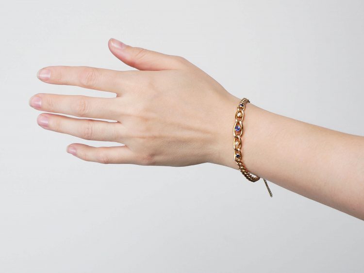 Edwardian 15ct Gold, Sapphire & Pearl Curb Link Bracelet