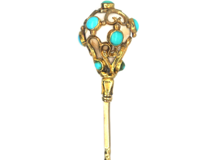 Regency 18ct Gold, White Coral & Turquoise Baroque Design Tie Pin