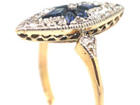 Edwardian 18ct Gold & Platinum, Marquise Shaped Sapphire & Diamond Ring