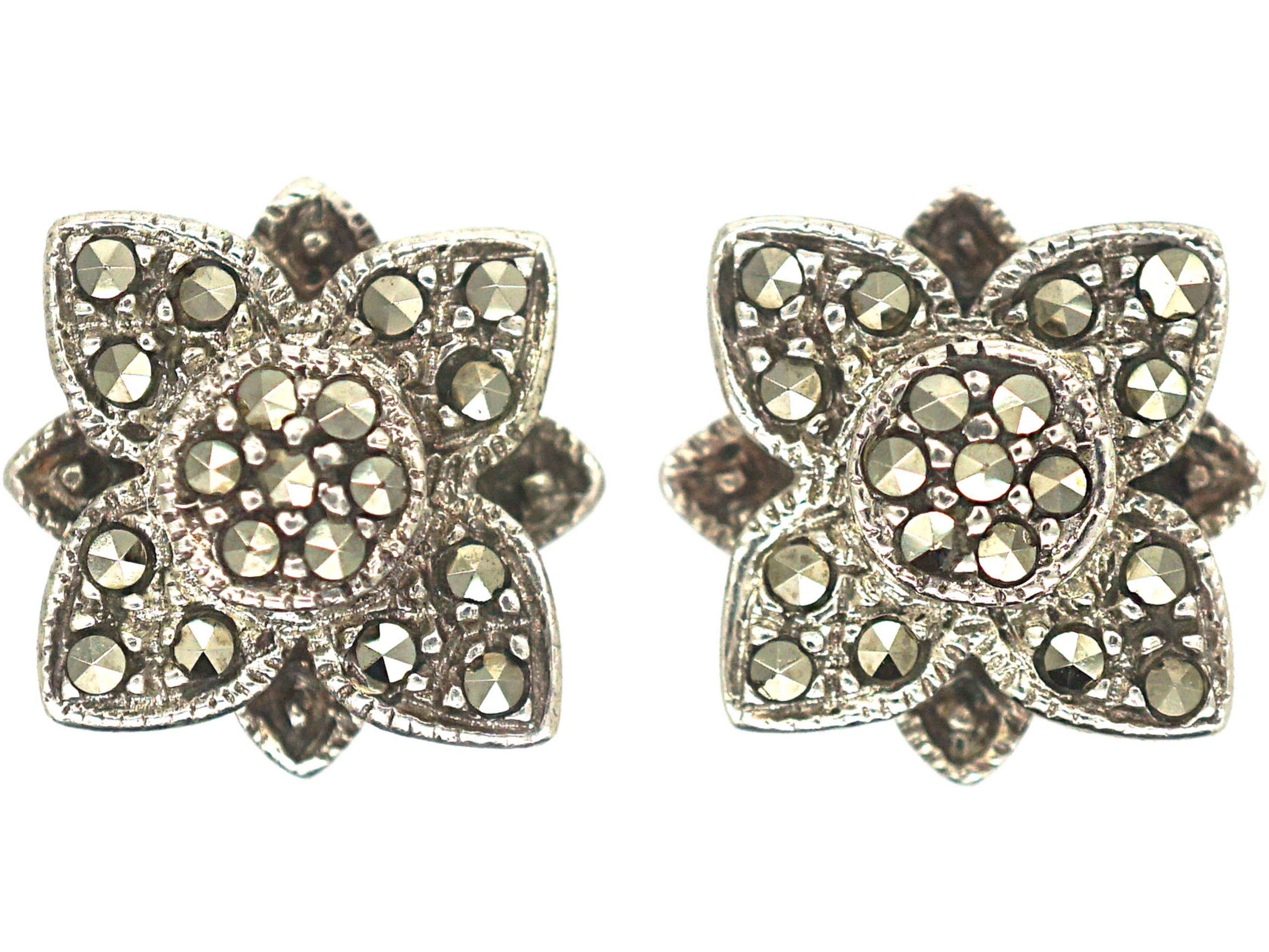 Silver & Marcasite Flower Earrings (869H) | The Antique Jewellery Company